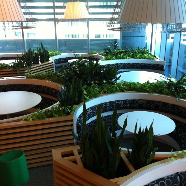 public seating area with planters